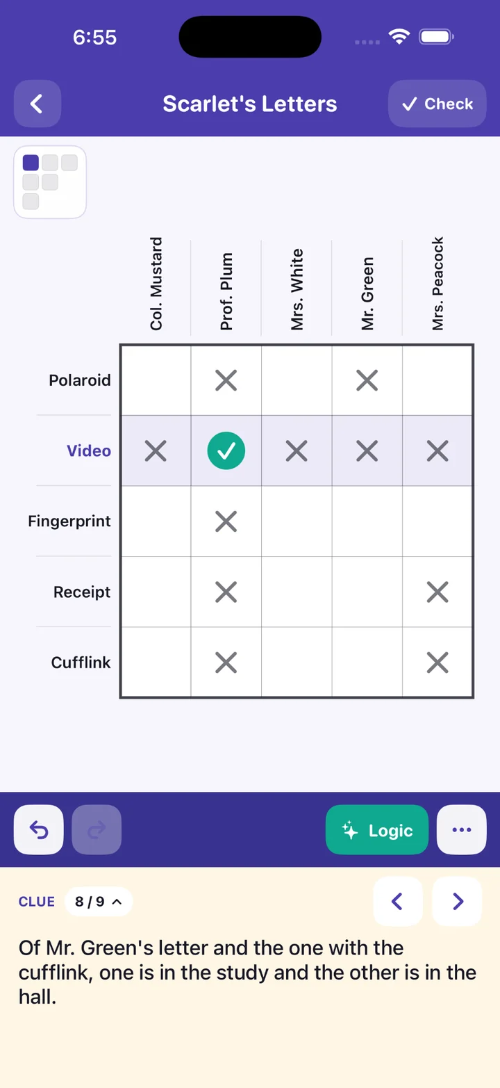 Focus mode showing one section of a logic grid with clues