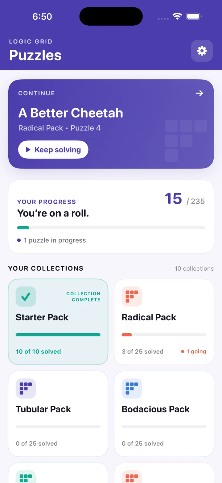 Logic Grid Puzzles app showing saved progress and puzzle collections